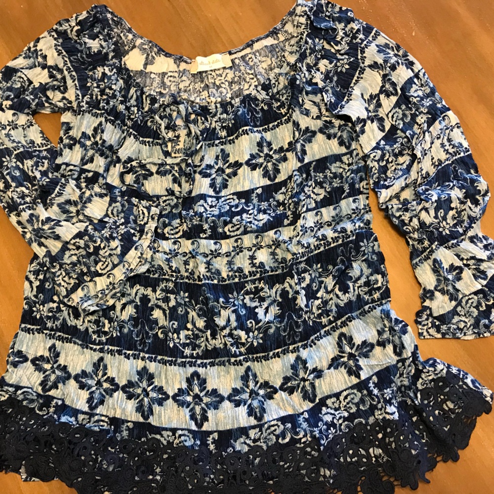 Altard State bandana floral print navy top with crochet accents on the bottom
